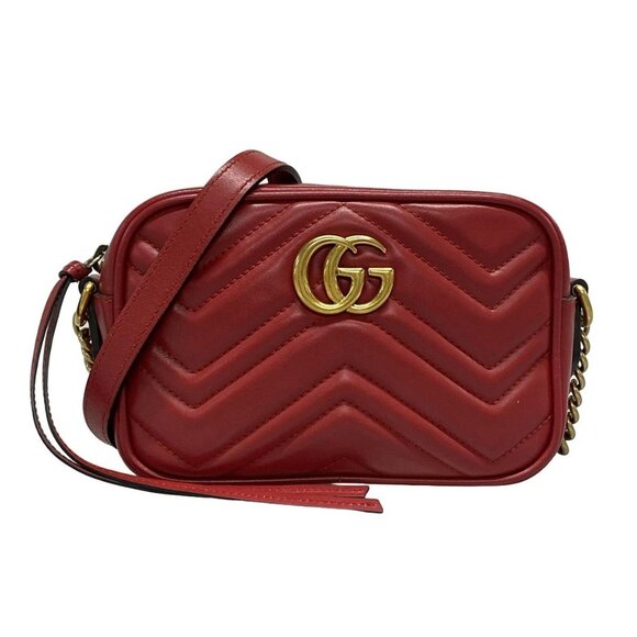 Auth GUCCI GG Marmont 448065 Red Leather Shoulder Bag - Picture 1 of 16
